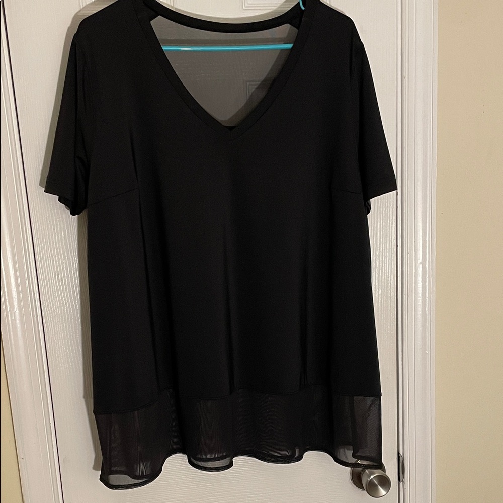 Bloomin’ in Black Knit and Mesh Hem Yoke swing Tunic 1X Graceful